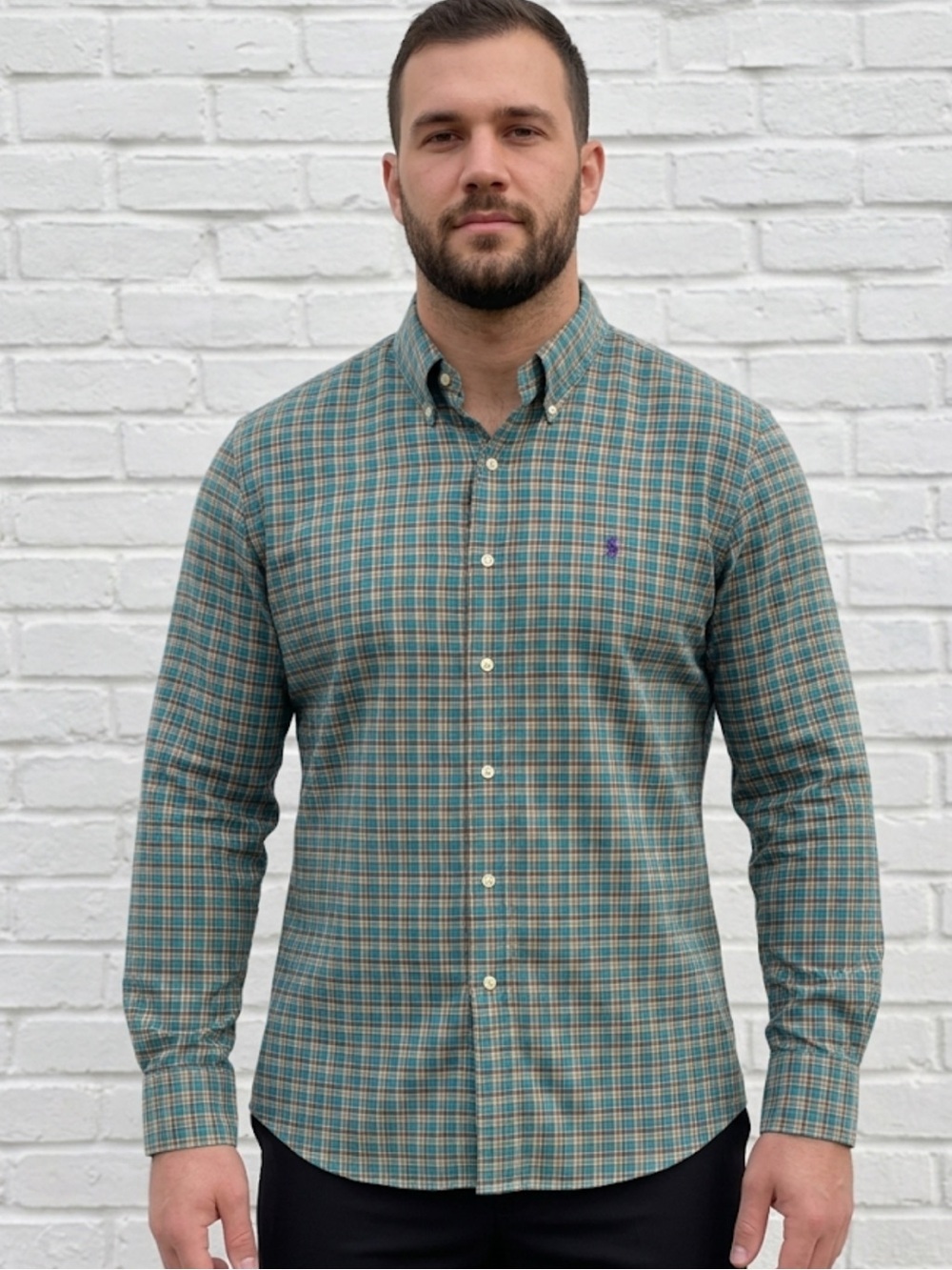 Ralph Lauren Men’s Plaid Button‑Up – Size L | Teal + Brown | 100% Cotton |